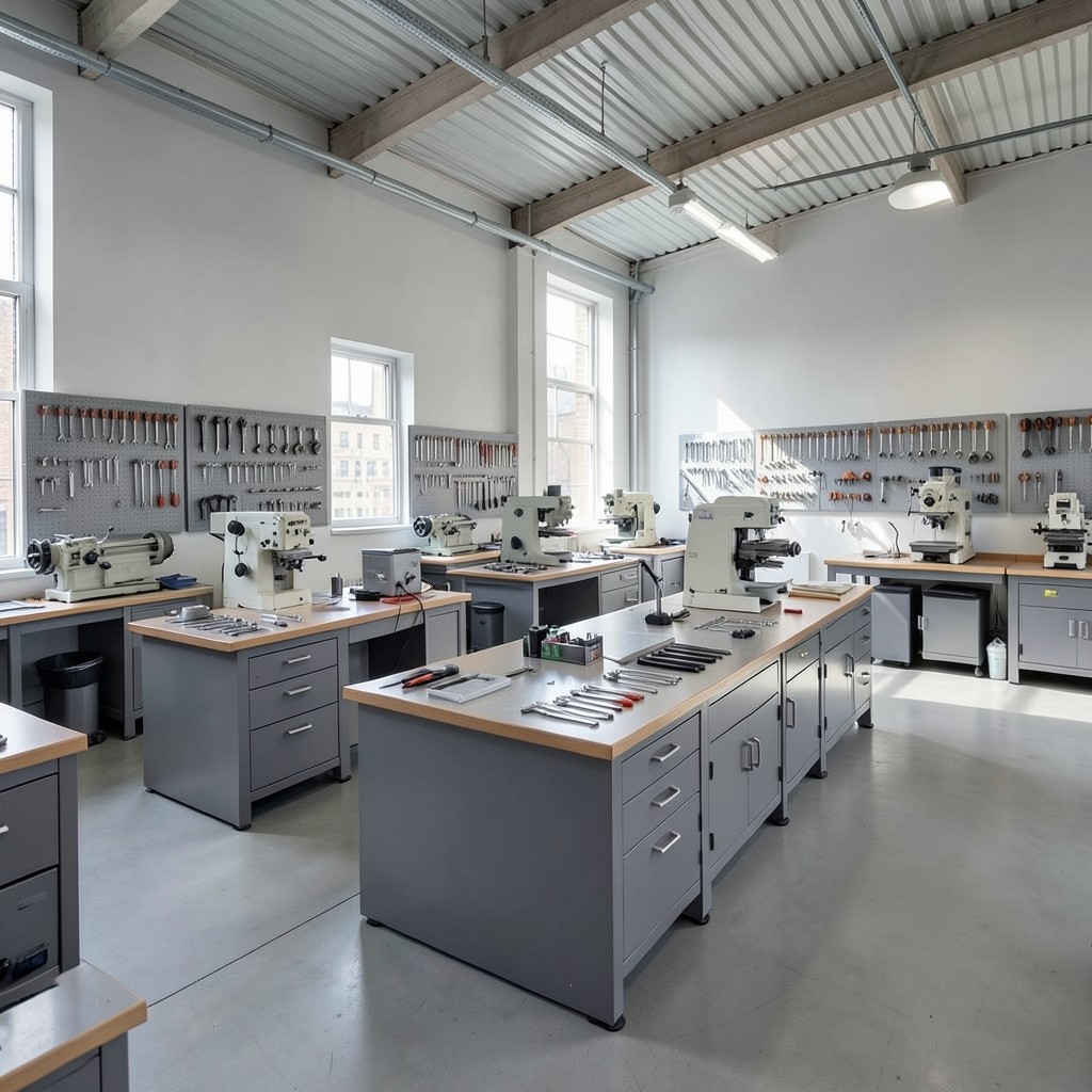 Wide view of Spruceway workshop bays with benches and machine tools