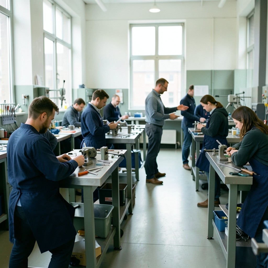 Learners and tutor at metalworking benches in a bright London workshop