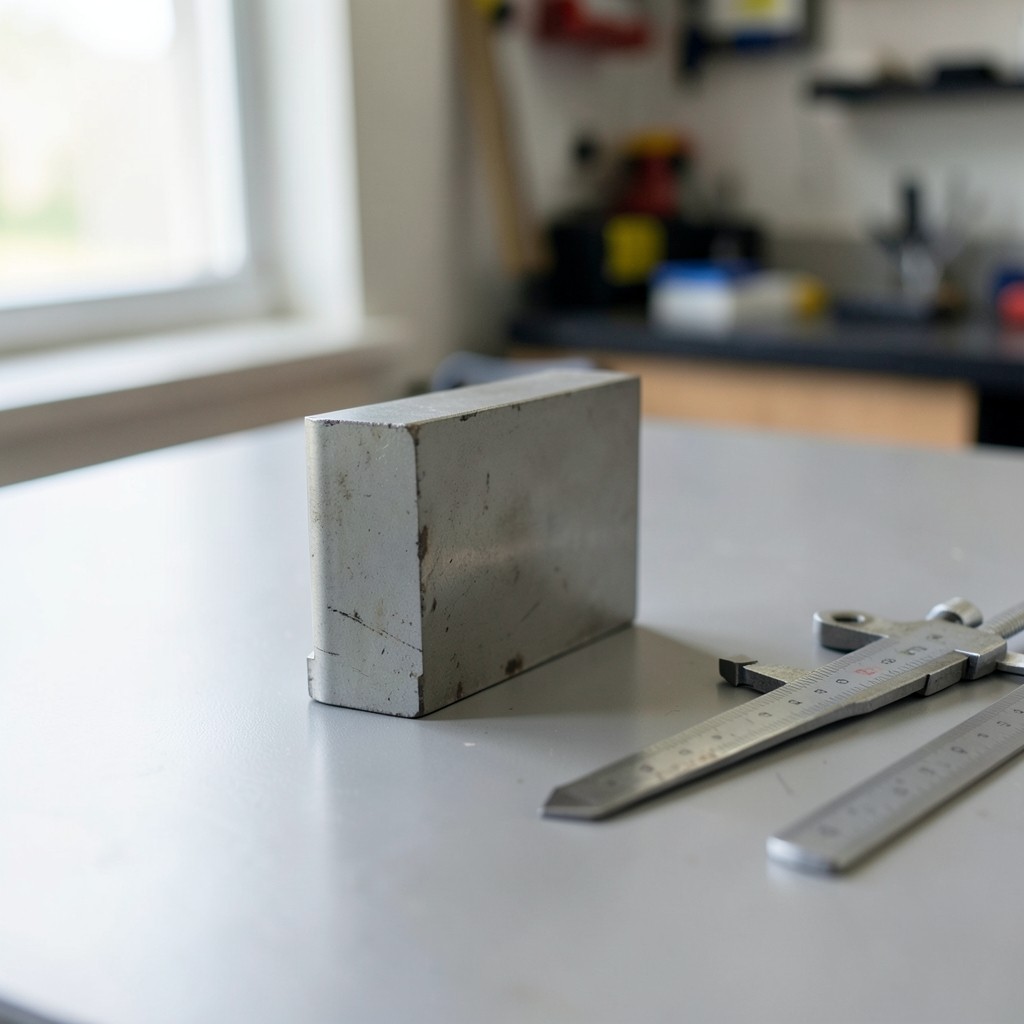Finished student bracket project on an inspection bench with measuring tools