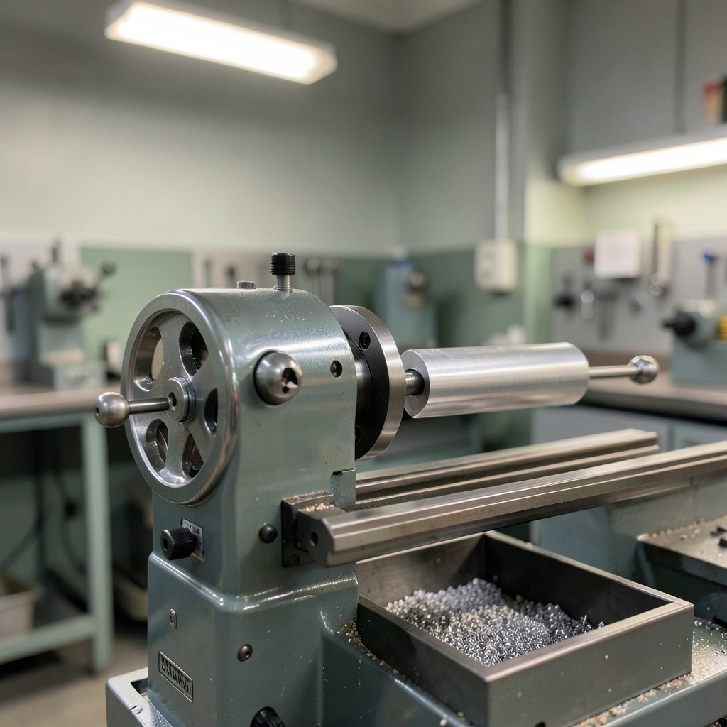 Close view of a lathe setup with aluminium stock in a training bay